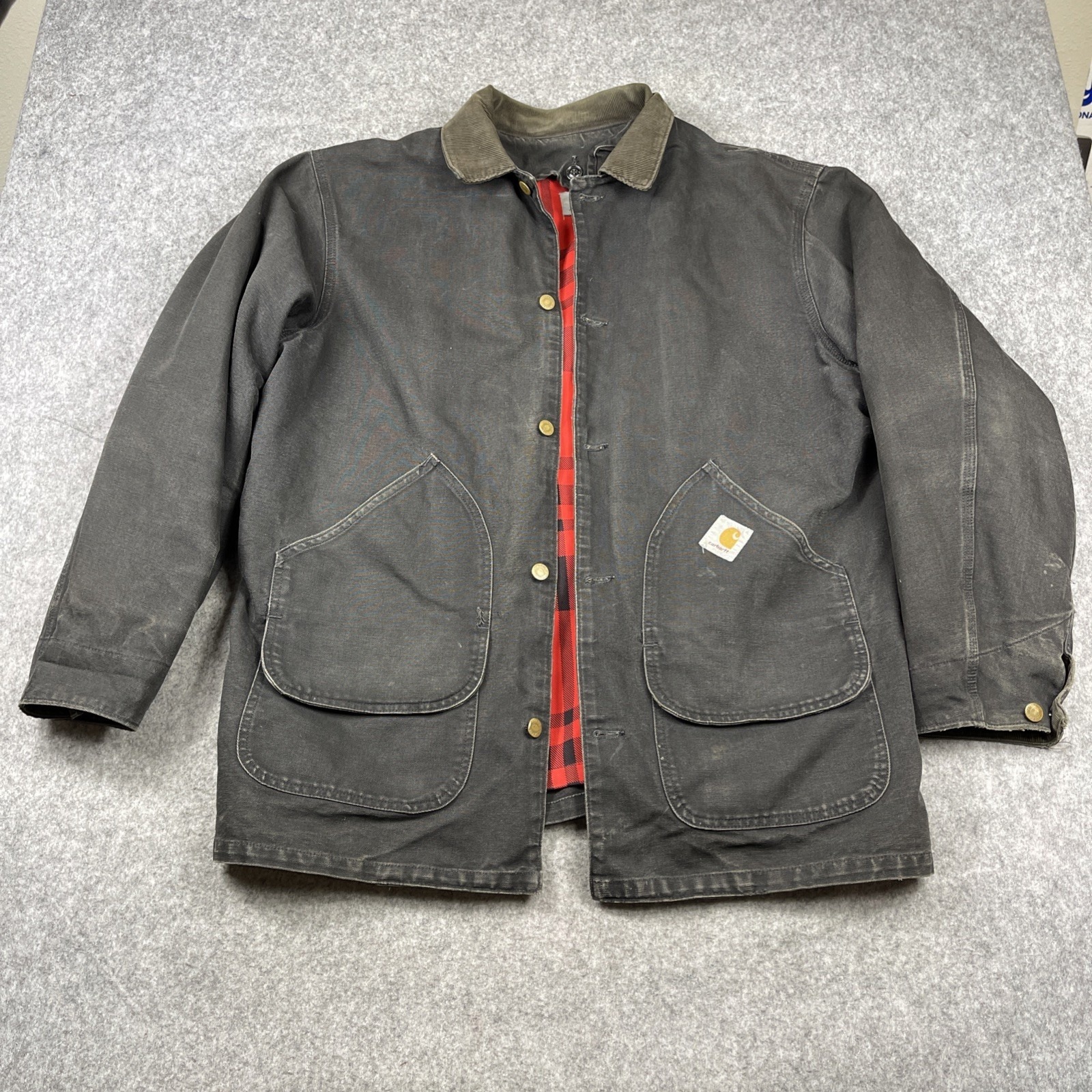 Vintage 90s Carhartt Cw105 Jacket Lg Black Buffaloplaid Removable Liner Usa Rare